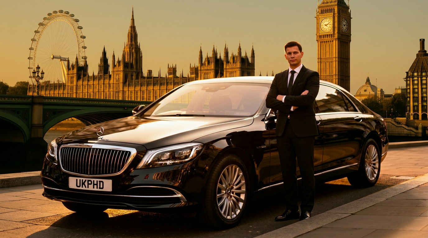 UK private hire driver standing beside an executive car in London at golden hour